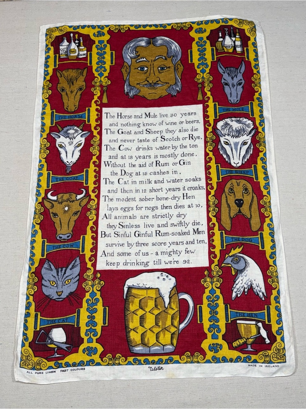 Vintage Irish Linen Tea Towel with Animal Motif and Poem - Red, Yellow, Blue